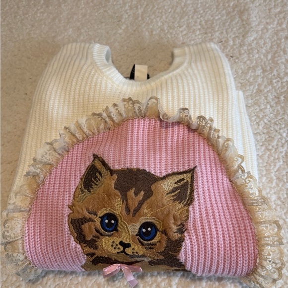 Sweet Society Cream Kitten Portrait Lace Trim Sweater Knit Top LG - Picture 7 of 7